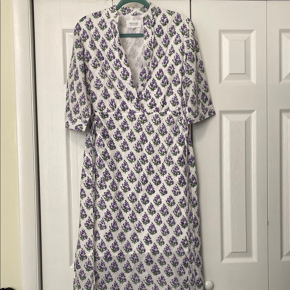 Beau & Ro Every Hand Printed Purple Floral Cotton Dress Small